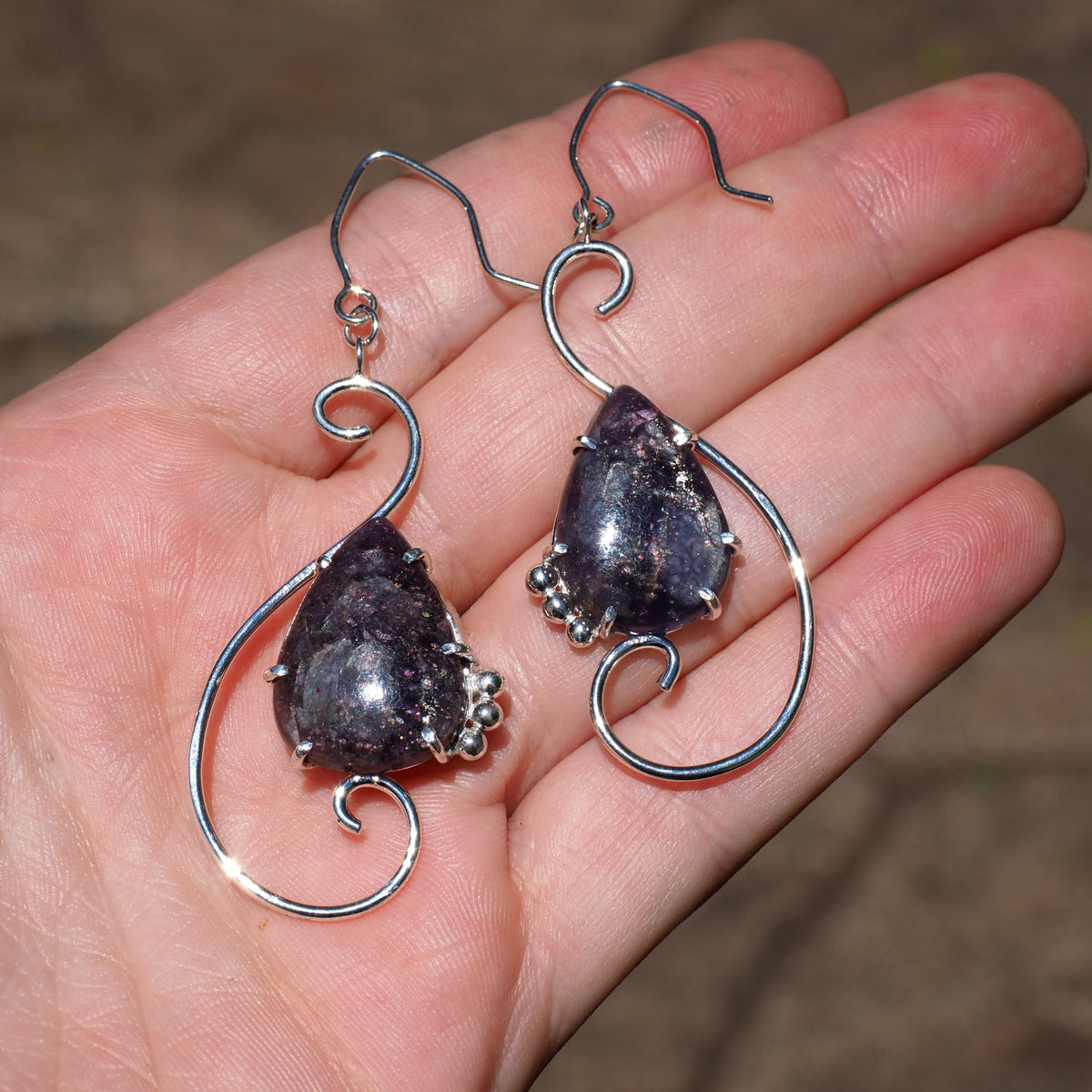 Large Scroll Earrings - Iolite Sunstone