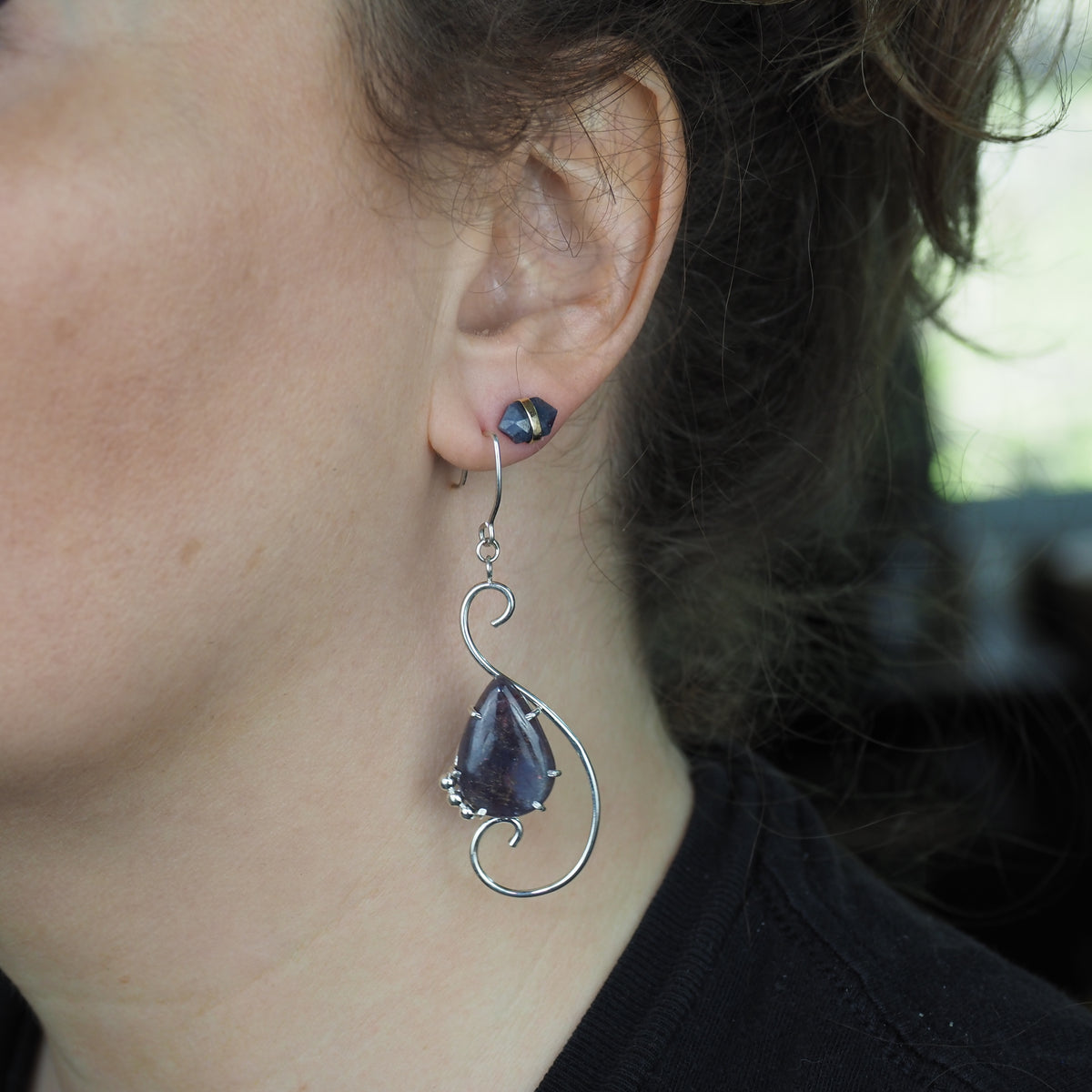 Large Scroll Earrings - Iolite Sunstone