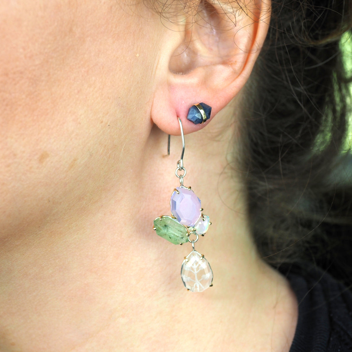 Hidden Garden Earrings - Silver and Gold, Reverse Intaglio Quartz, Kyanite, Opal, and Lavendar Quartz Earrings
