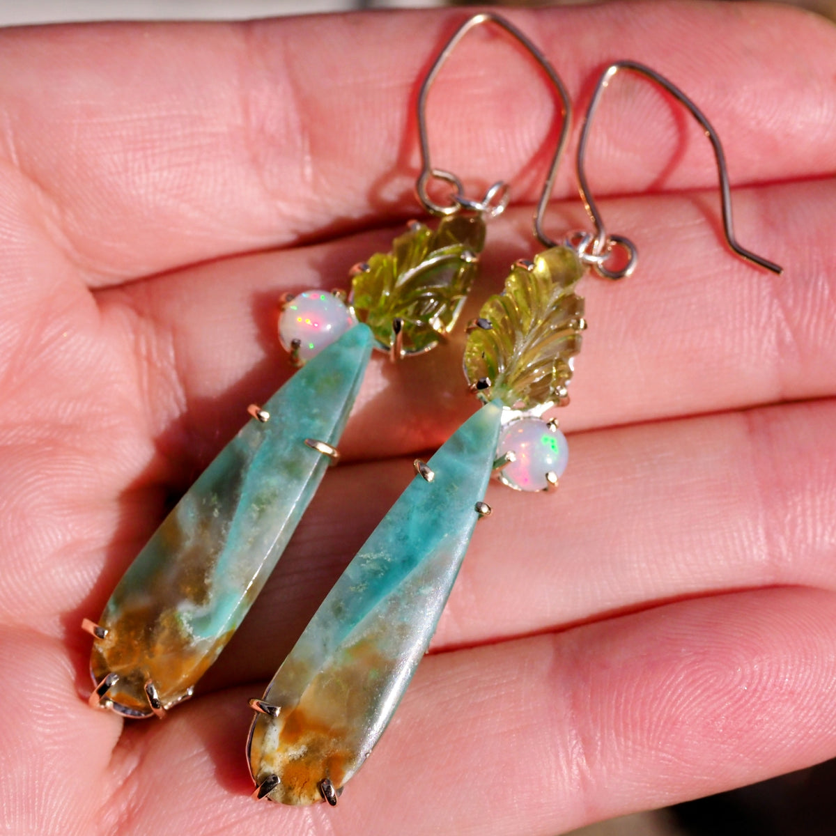 Legolas Greenleaf Earrings - Gold and Silver, Wood Opal, Peridot and Opal