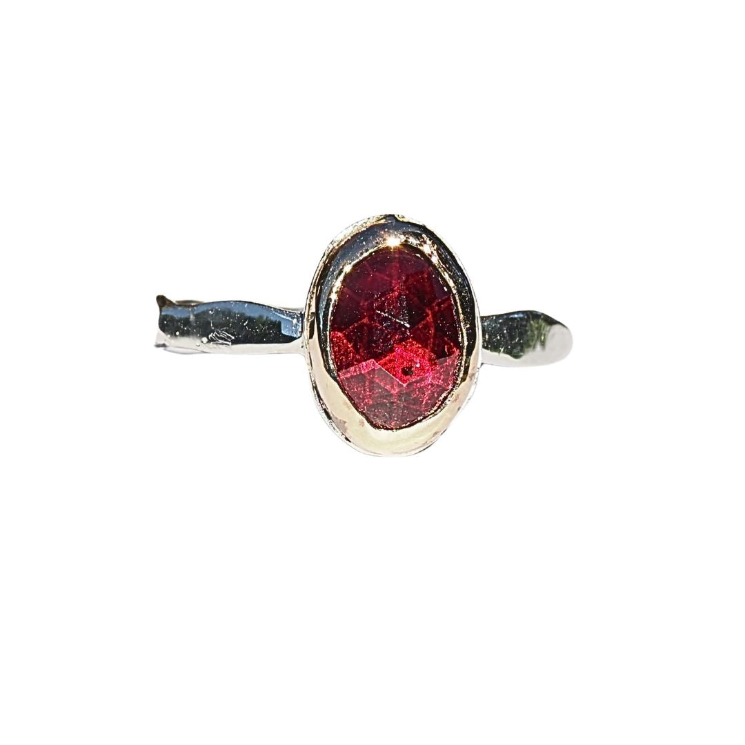 Raspberry Garnet Gold Bezel Ring– Handmade Sterling Silver and 14k Yellow Gold - Size 7.5