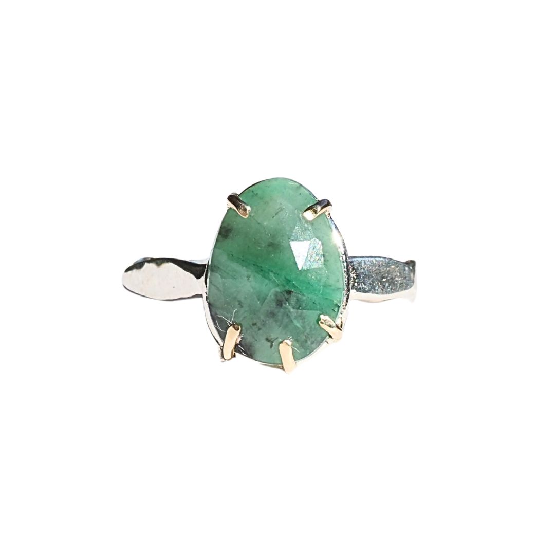 Rose Cut Emerald Ring | 14K Gold Prongs & Sterling Silver | Size 6.5