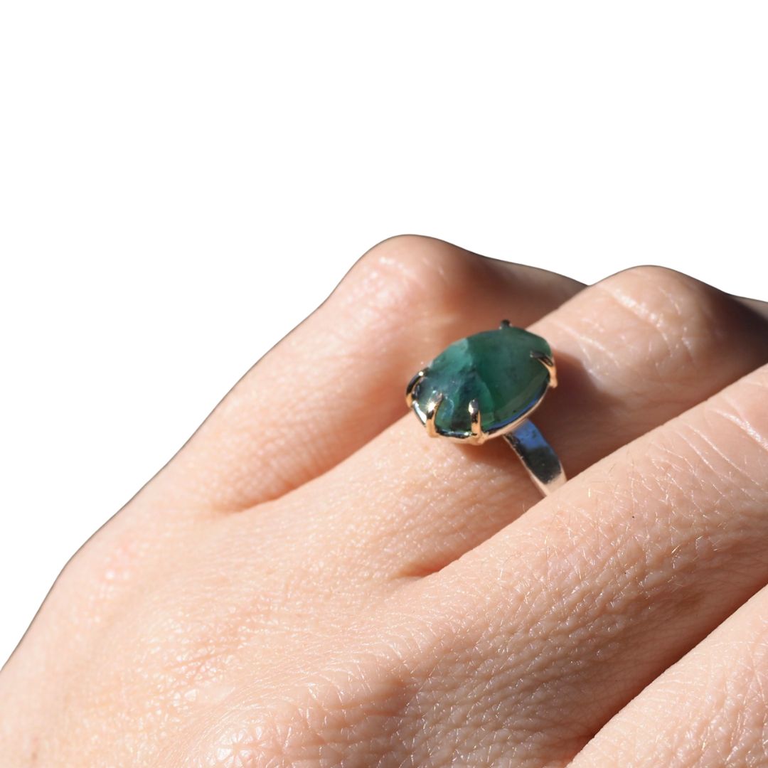 Rose Cut Emerald Ring | 14K Gold Prongs & Sterling Silver | Size 6.5