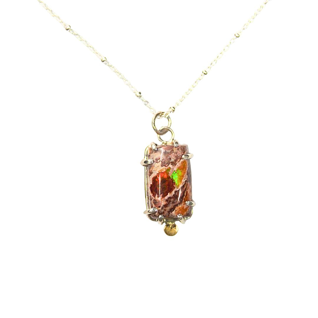 Ember Opal Necklace-Handmade Sterling Silver, 14k Yellow Gold and Mexican Boulder Opal