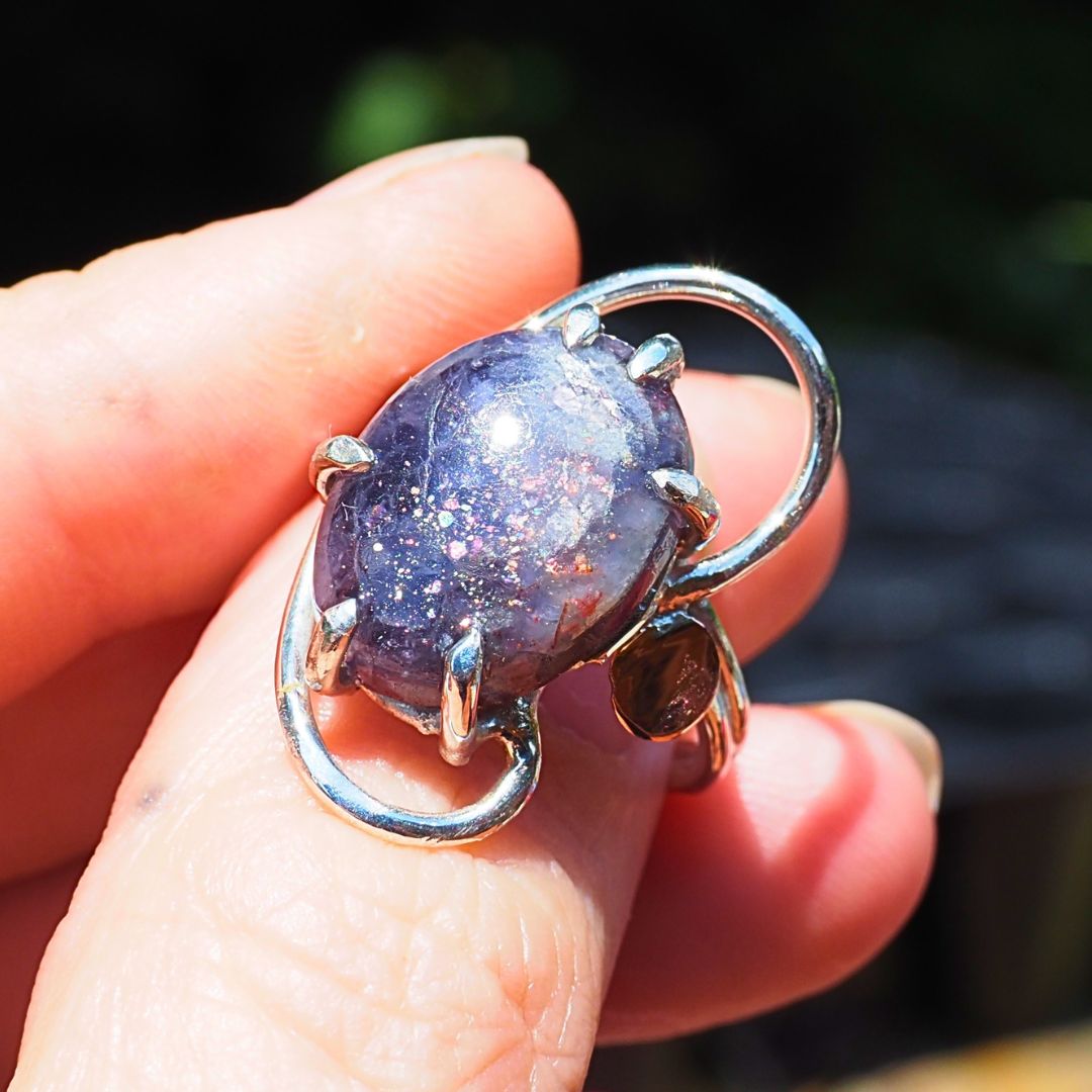 Arc Ring-Handmade Sterling Silver and 14k Rose Gold and Iolite Sunstone - Size 7