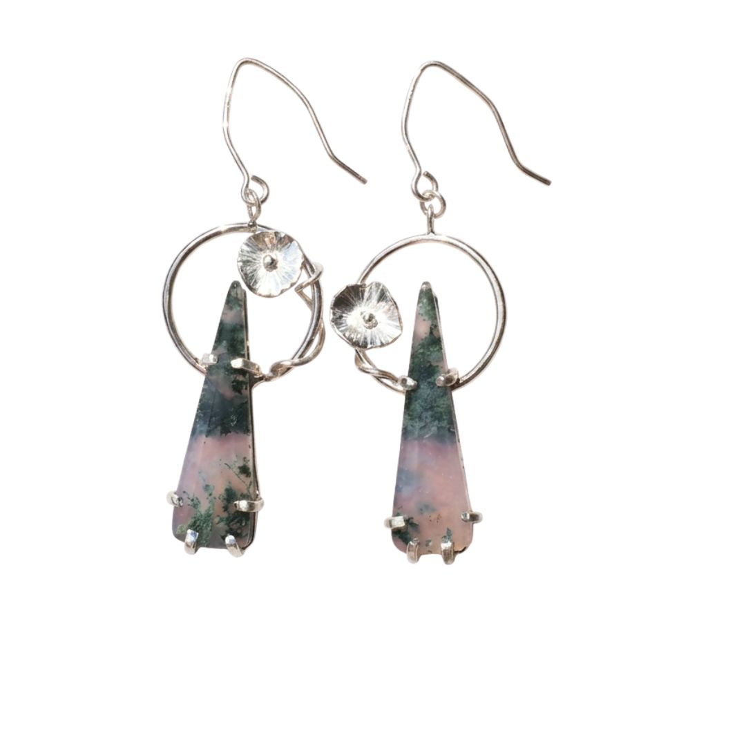 Art Nouveau Moss Agate Earrings-Handmade Sterling Silver