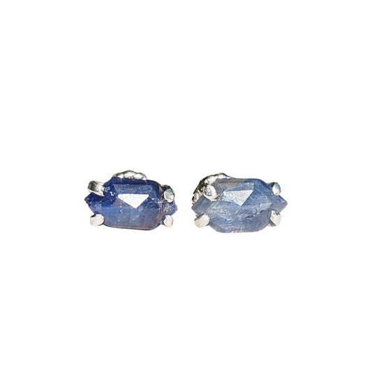 Hexagonal Blue Sapphire Studs– Handmade Sterling Silver