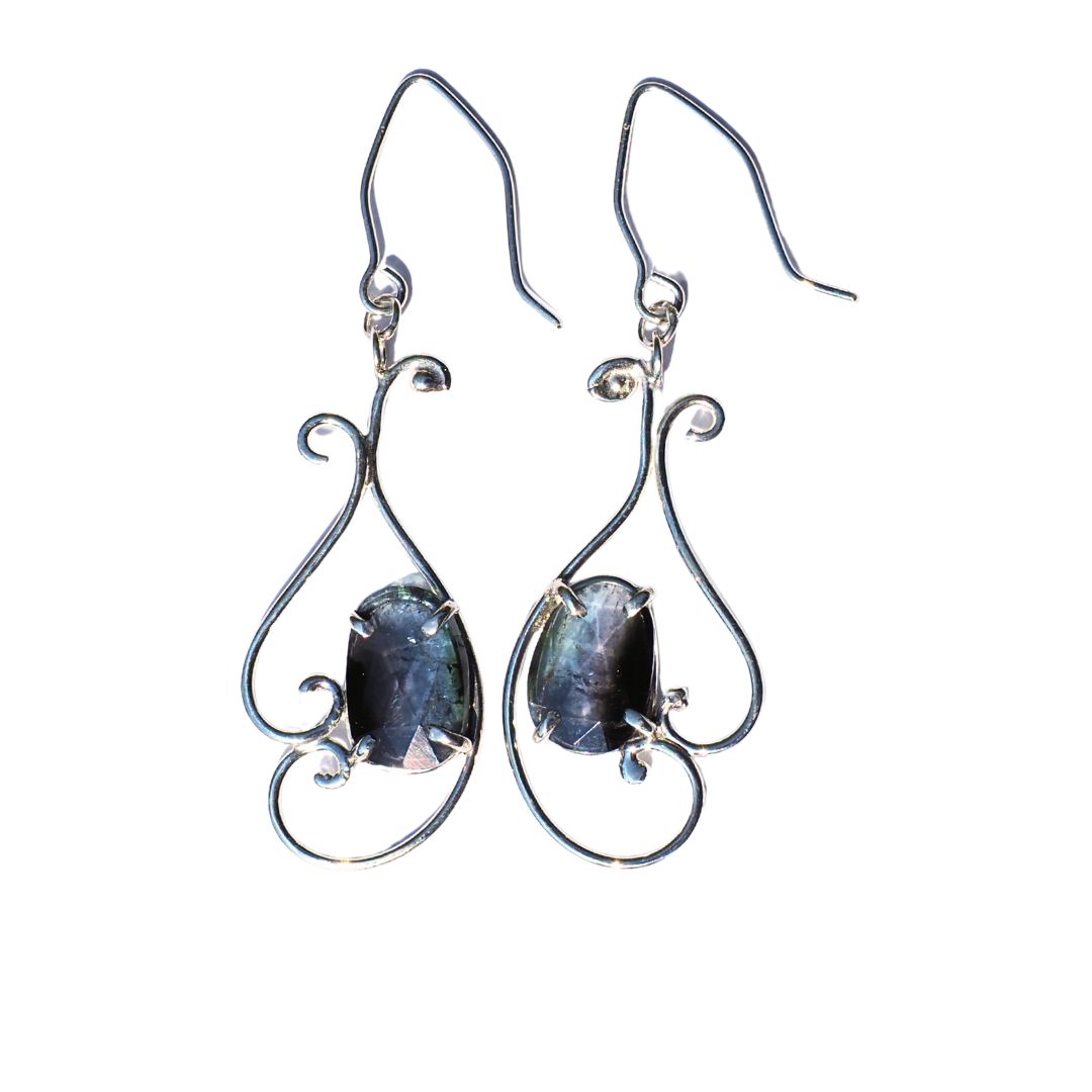 Blue Tourmaline Scroll Earrings-Handmade Sterling Silver