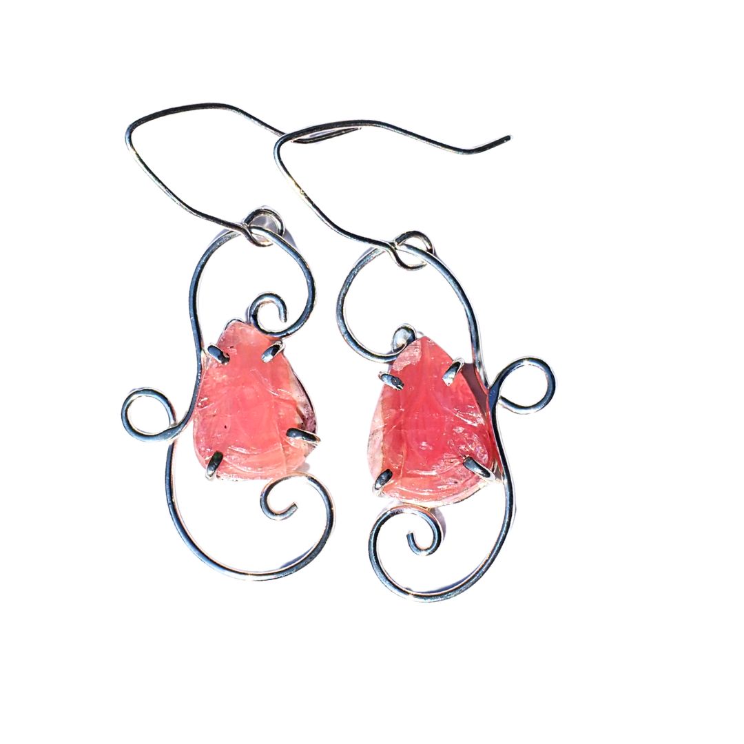 Carved Rhodochrosite Scroll Earrings-Handmade Sterling Silver