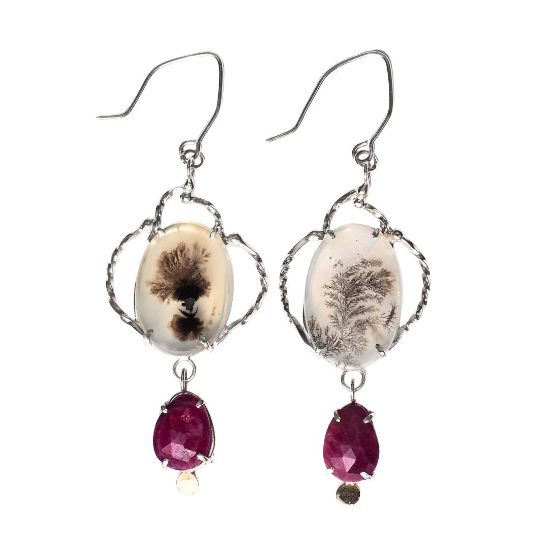 Ruby Victory Earrings-Handmade Sterling Silver, 14k Yellow Gold, Rose Cut Rubies and Dendrite Agate