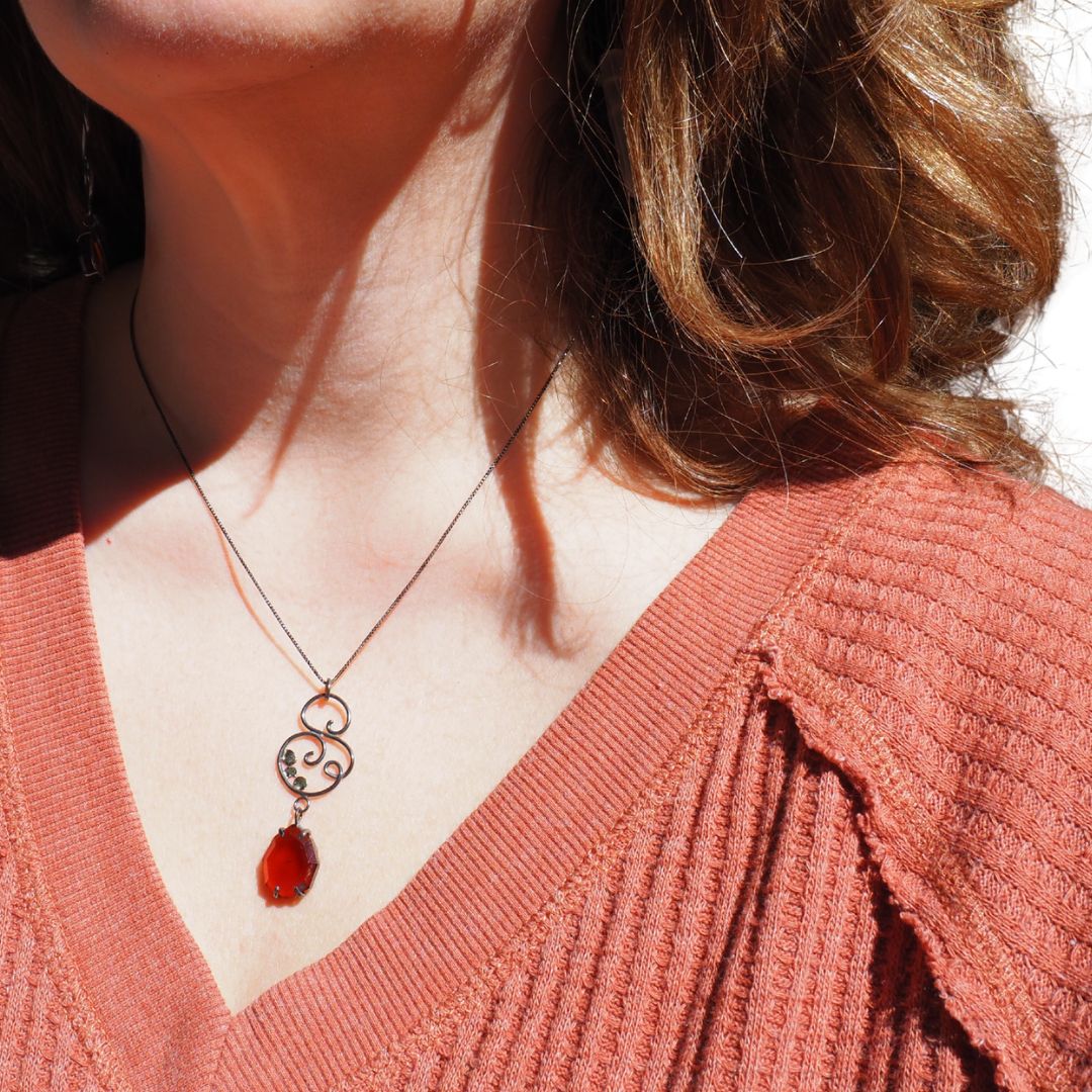 Iron & Ember Hessonite Garnet Scrollwork Necklace | Oxidized Sterling Silver & 14K Gold