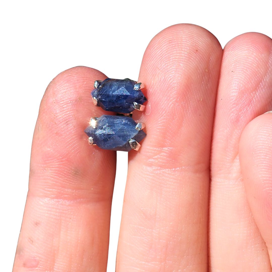 Hexagonal Blue Sapphire Studs– Handmade Sterling Silver