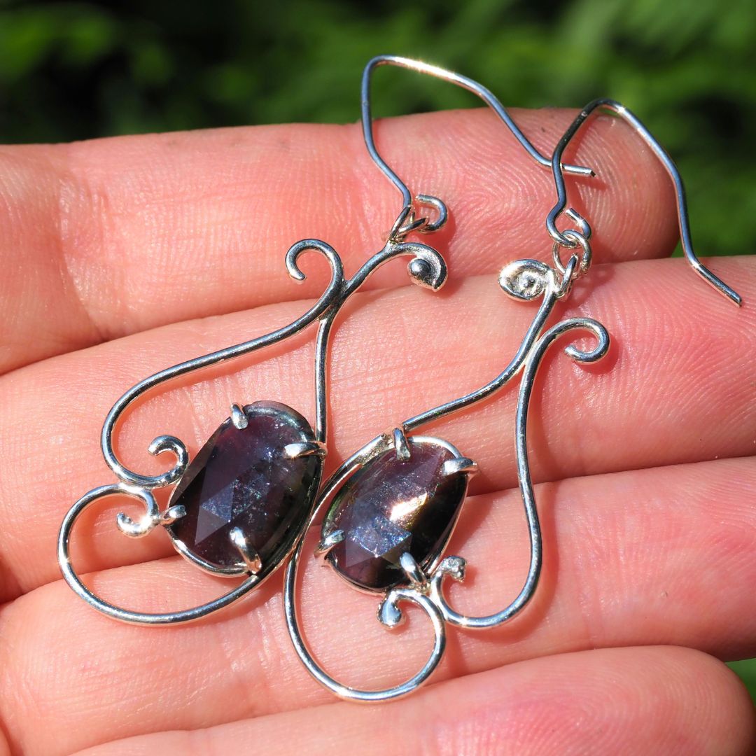 Blue Tourmaline Scroll Earrings-Handmade Sterling Silver