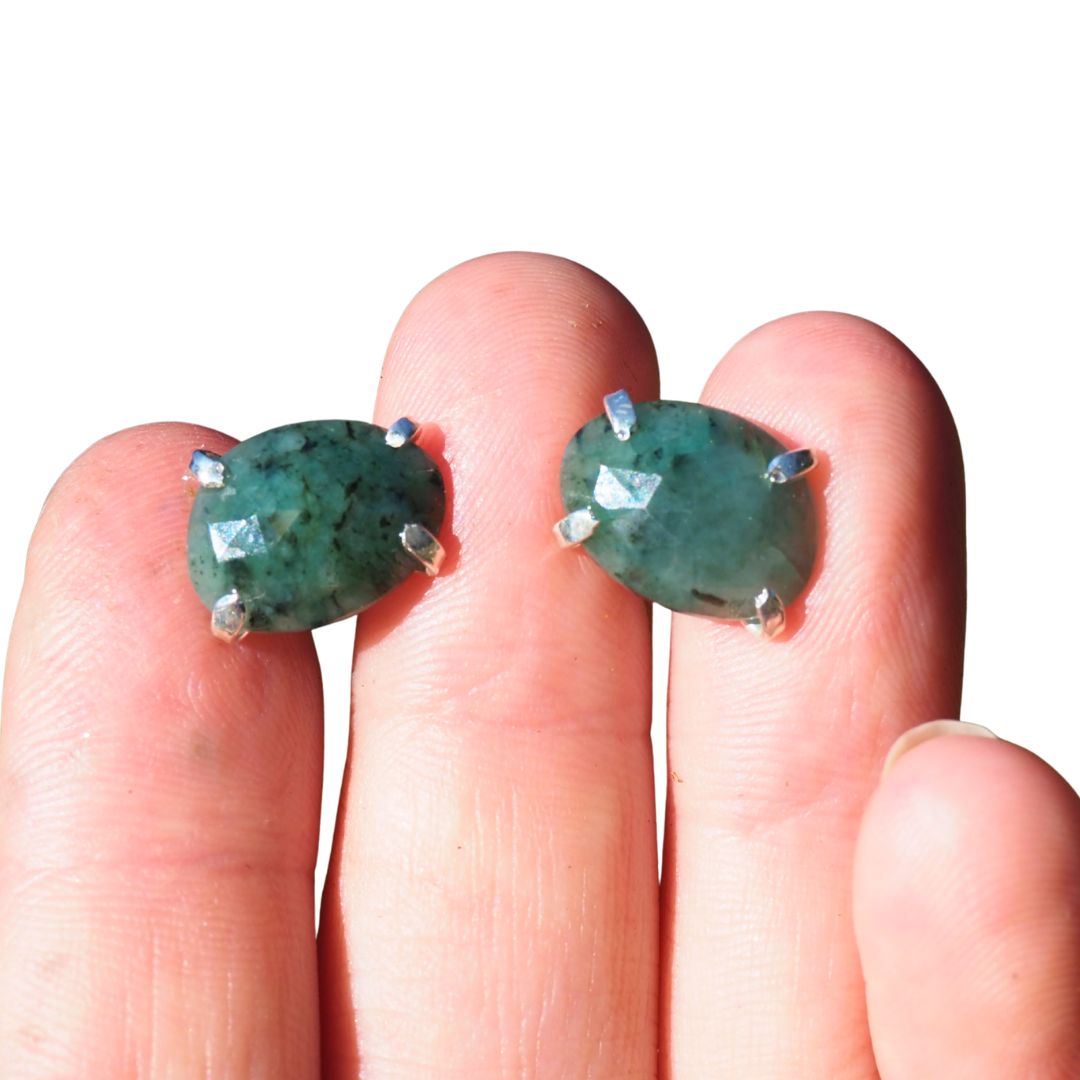 Spotted Emerald Studs– Handmade Sterling Silver