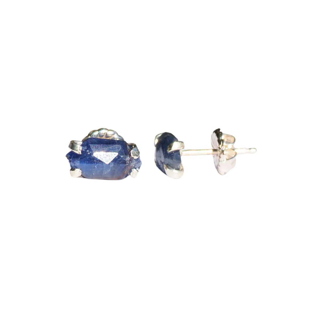 Hexagonal Blue Sapphire Studs– Handmade Sterling Silver
