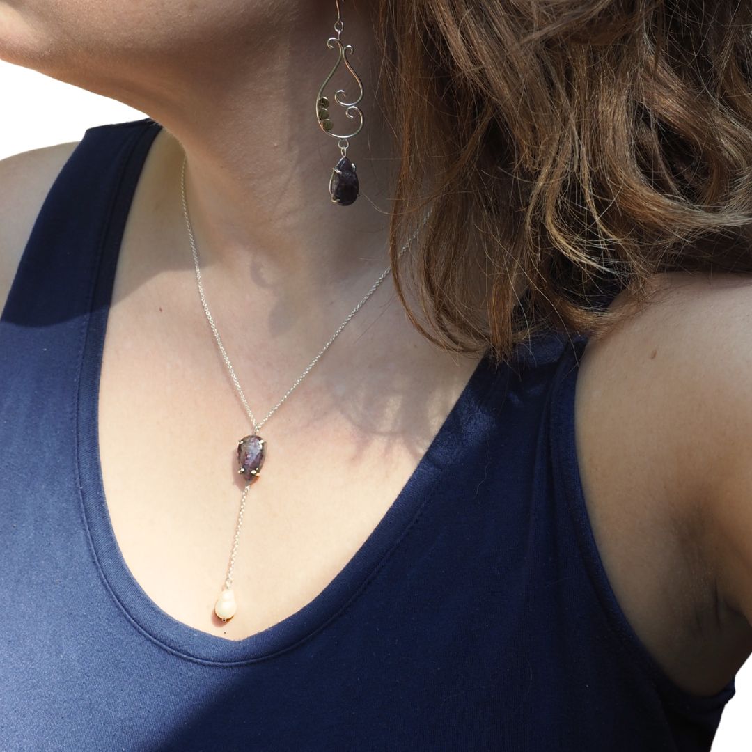 Iolite Sunstone Pearl Drop Necklace-Iolite Sunstone, Baroque Pearl and Sterling Silver Necklace