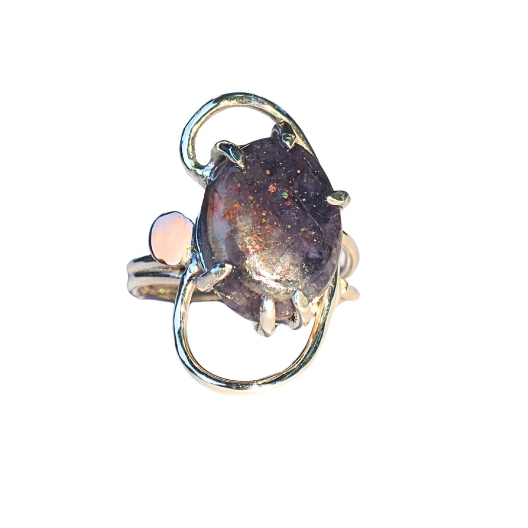Arc Ring-Handmade Sterling Silver and 14k Rose Gold and Iolite Sunstone - Size 7
