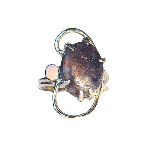 Arc Ring-Handmade Sterling Silver and 14k Rose Gold and Iolite Sunstone - Size 7