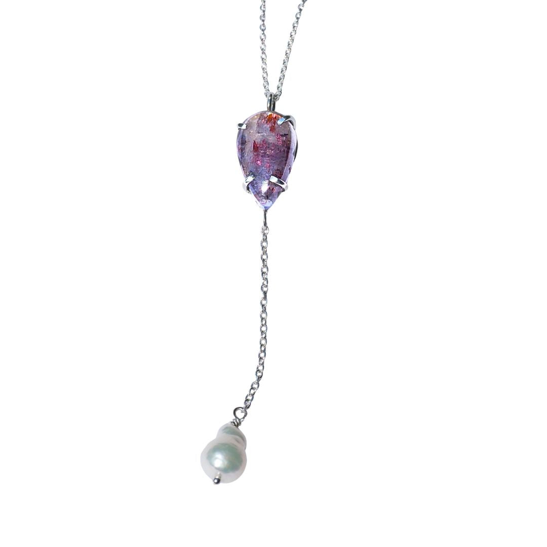 Iolite Sunstone Pearl Drop Necklace-Iolite Sunstone, Baroque Pearl and Sterling Silver Necklace