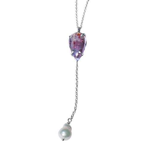 Iolite Sunstone Pearl Drop Necklace-Iolite Sunstone, Baroque Pearl and Sterling Silver Necklace
