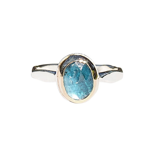 Kyanite Gold Bezel Ring-Handmade Sterling Silver and 14k Yellow Gold - Size 7.25
