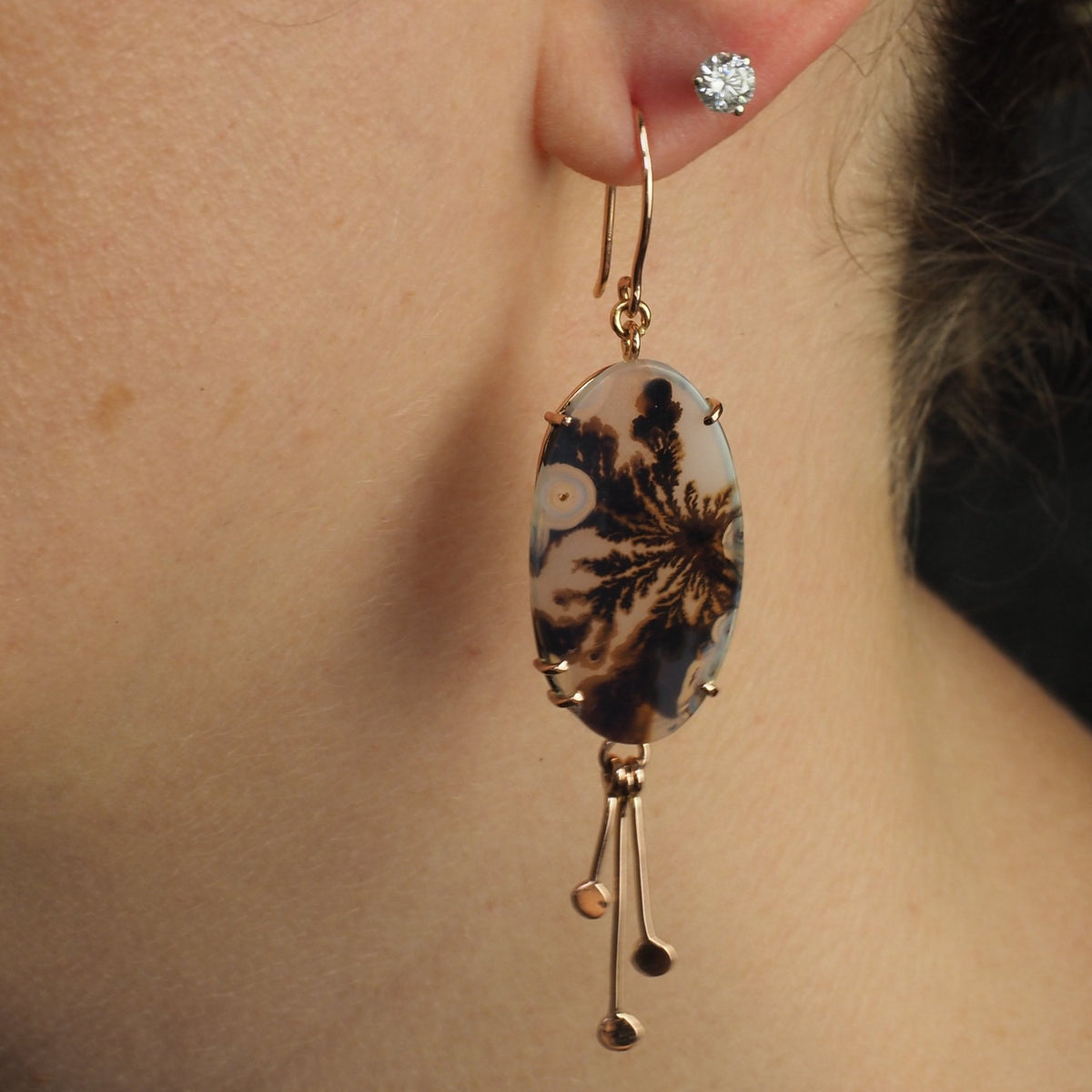 Large Oval Dendrite Agate Drop Earrings - Sepia Dreams in Rose Gold - Mettle by Abby
