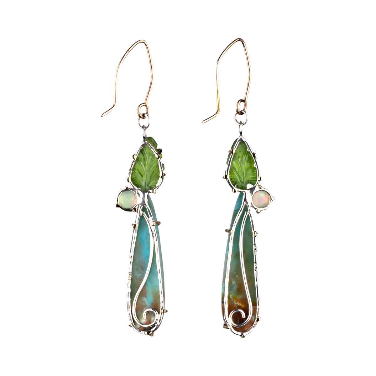 Legolas Greenleaf Earrings - Gold and Silver, Wood Opal, Peridot and Opal