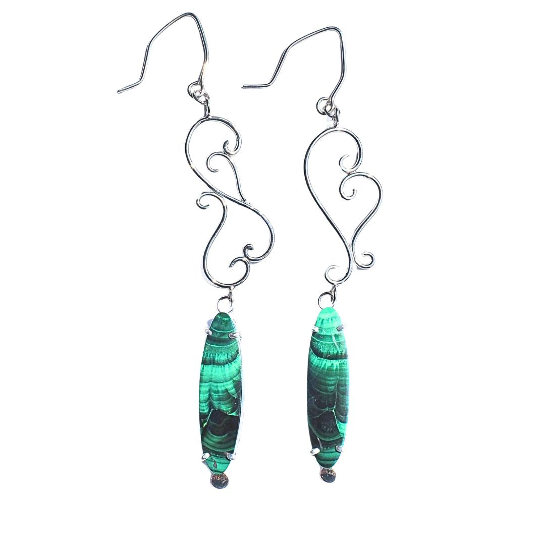 Malachite Scroll Earrings-Handmade Sterling Silver and 14k Yellow Gold
