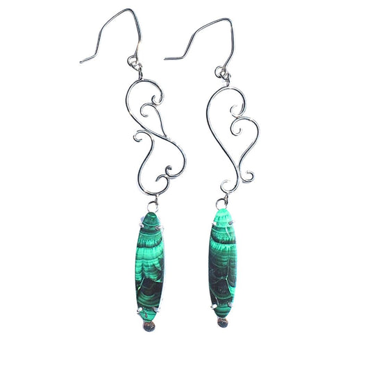 Malachite Scroll Earrings-Handmade Sterling Silver and 14k Yellow Gold