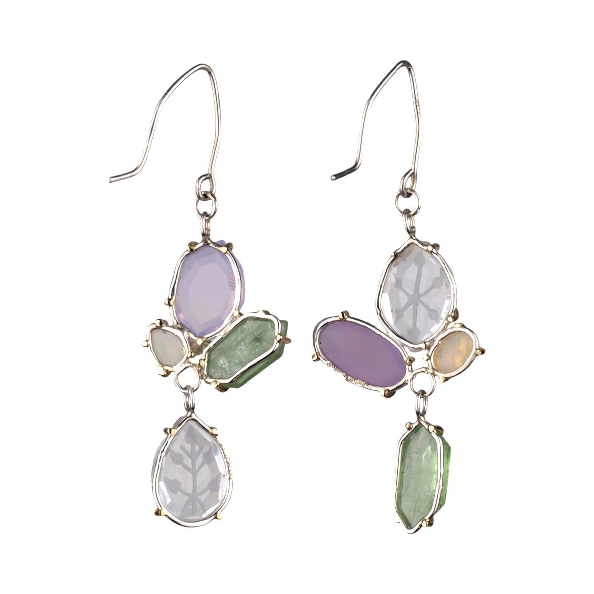 Hidden Garden Earrings - Silver and Gold, Reverse Intaglio Quartz, Kyanite, Opal, and Lavendar Quartz Earrings