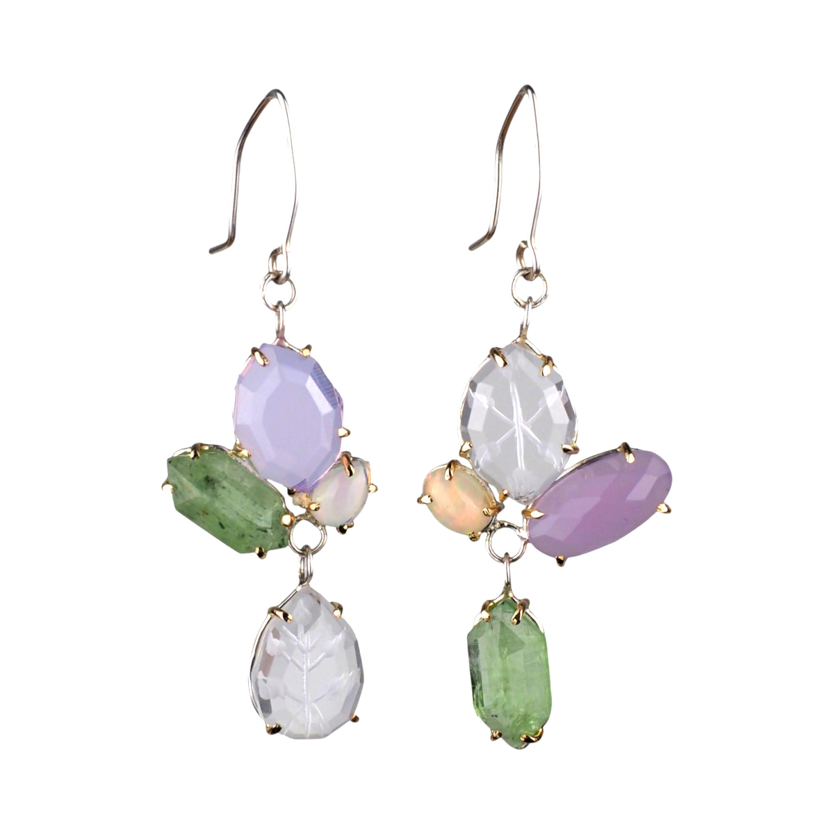 Hidden Garden Earrings - Silver and Gold, Reverse Intaglio Quartz, Kyanite, Opal, and Lavendar Quartz Earrings