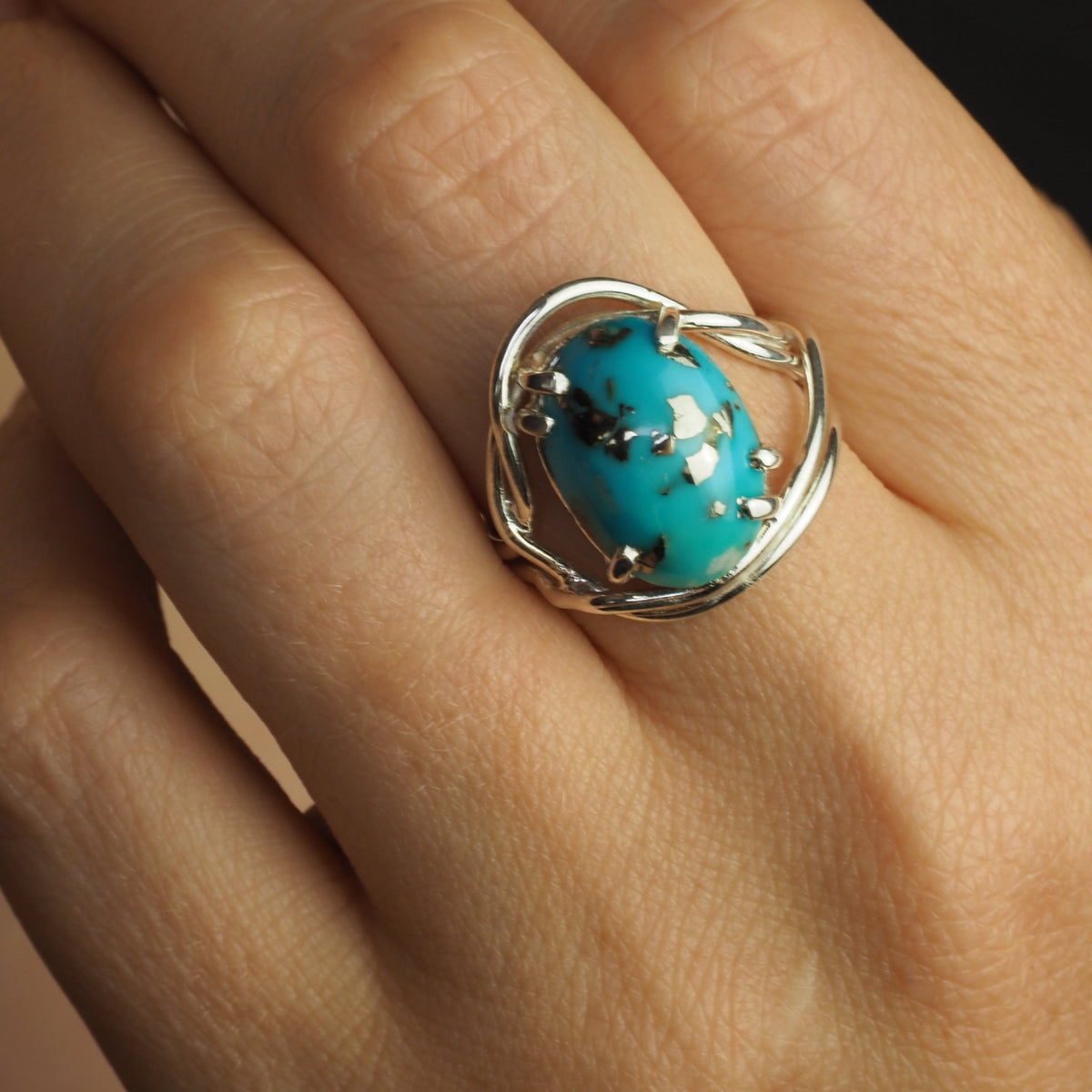 Persian Turquoise Ring - Golden Pyrite Islands & Unique Prong Setting - Mettle by Abby