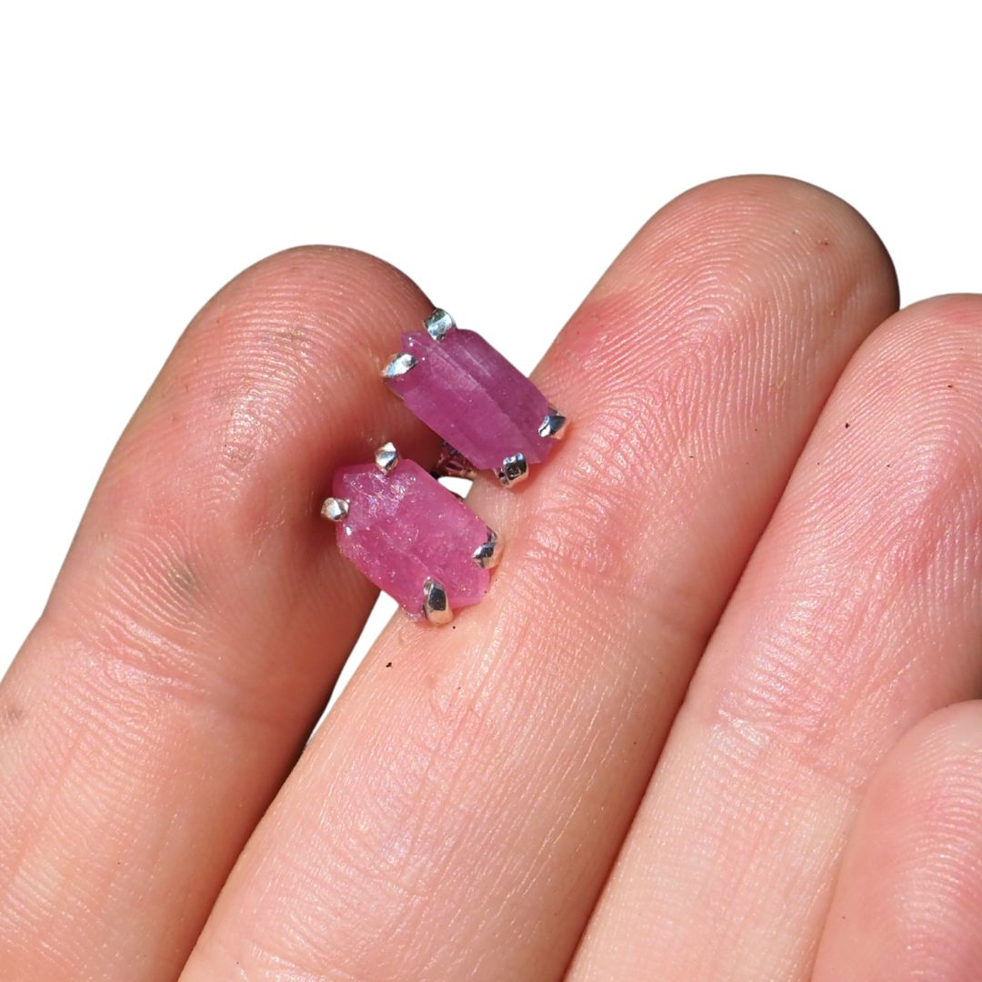 Hexagonal Pink Sapphire Studs– Handmade Sterling Silver