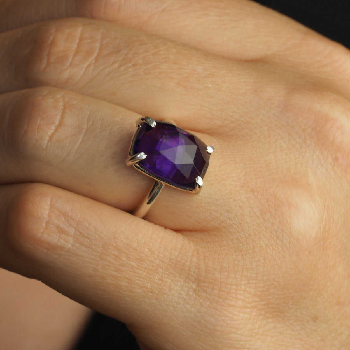 Rectangular Rose Cut Amethyst Ring - Sterling Silver - Mettle by Abby