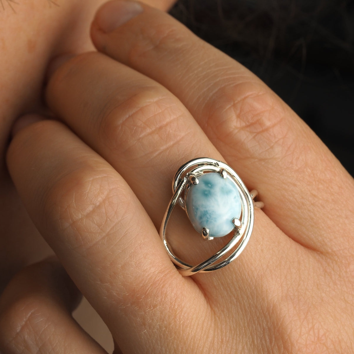 Sterling Silver Larimar Ring - Art Nouveau Inspired Flowing Design - Mettle by Abby