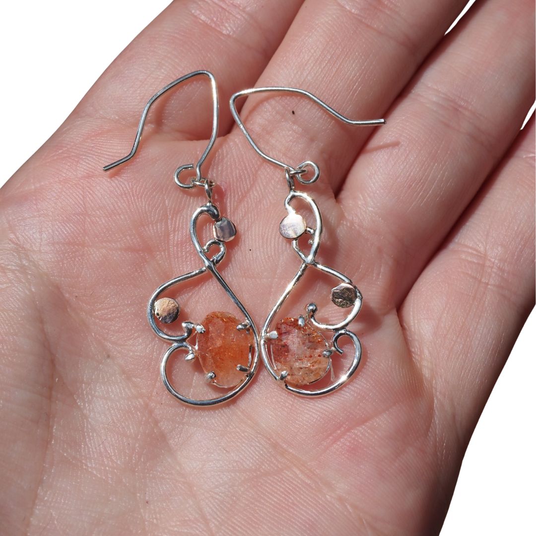 Solar Waltz Earrings-Handmade Sterling Silver and 14k Rose Gold and Sunstone