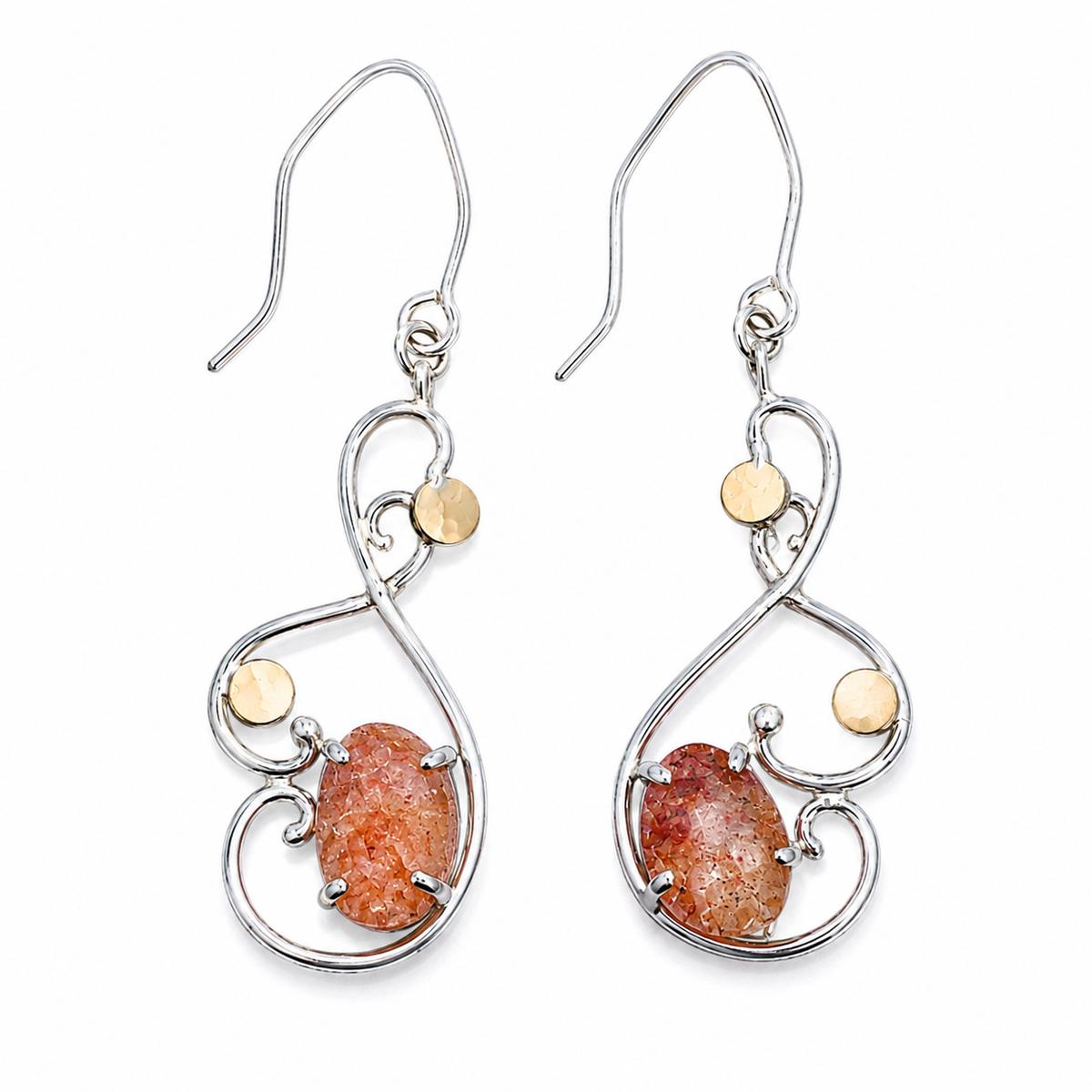 Solar Waltz Earrings-Handmade Sterling Silver and 14k Rose Gold and Sunstone