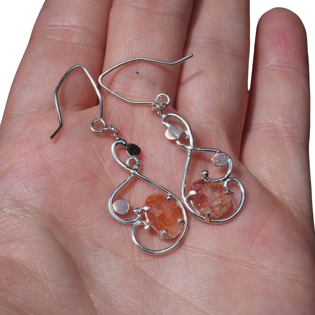Solar Waltz Earrings-Handmade Sterling Silver and 14k Rose Gold and Sunstone