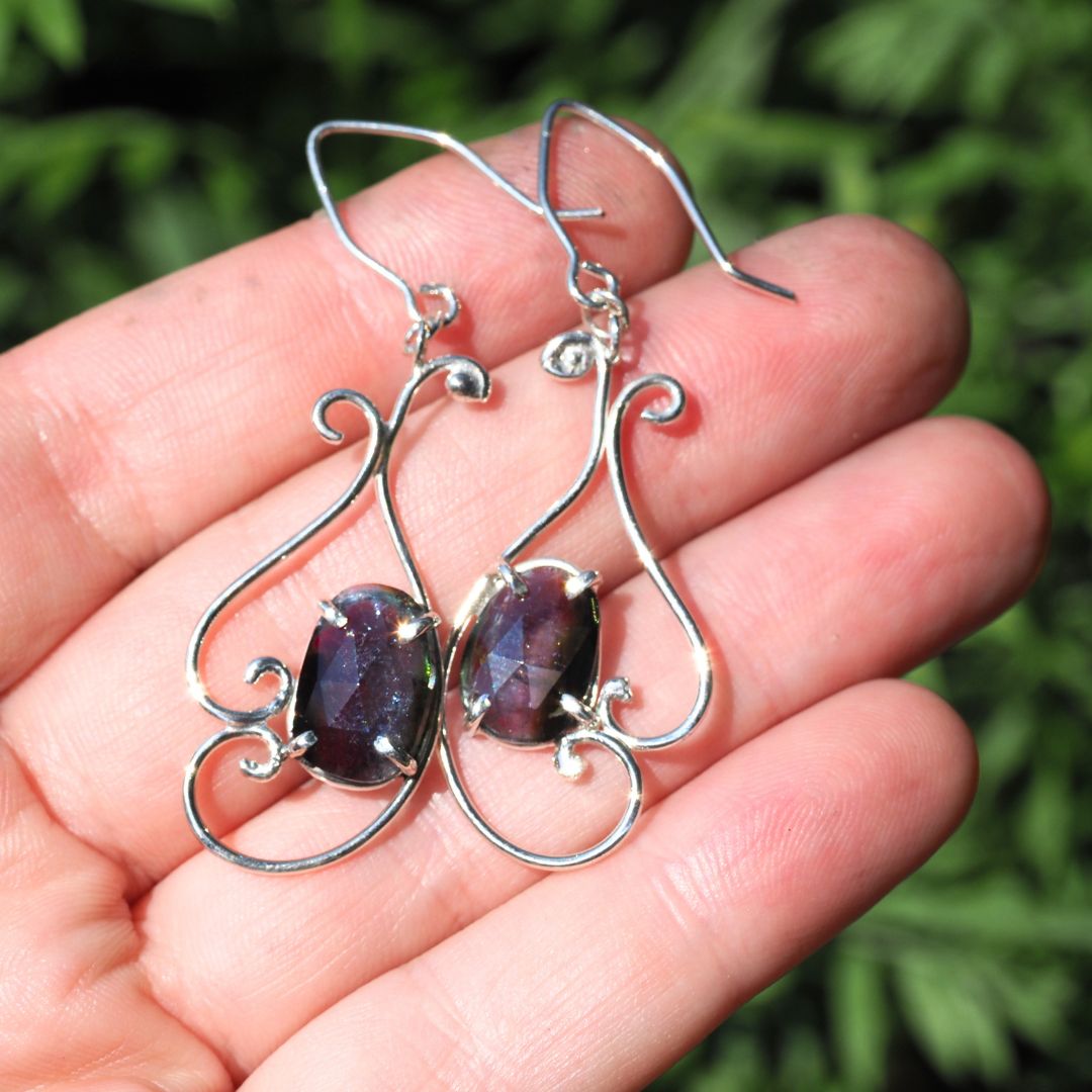 Blue Tourmaline Scroll Earrings-Handmade Sterling Silver
