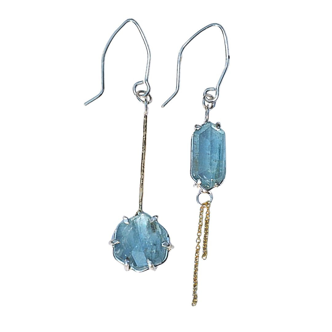 Two-Tone Kyanite Asymmetrical Earrings-Handmade Sterling Silver and 14k Yellow Gold