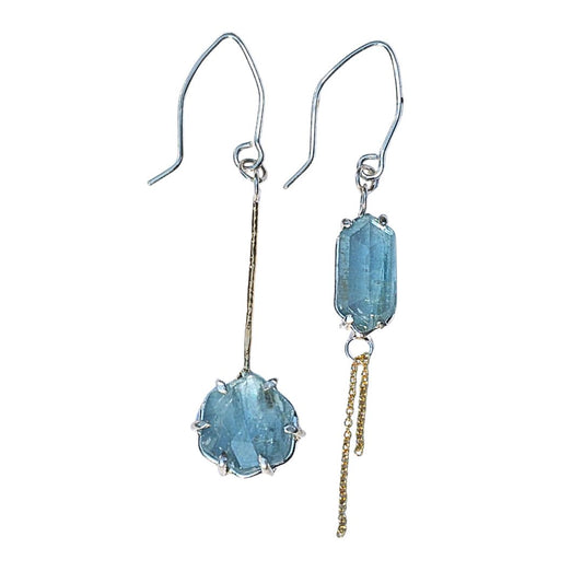 Two-Tone Kyanite Asymmetrical Earrings-Handmade Sterling Silver and 14k Yellow Gold