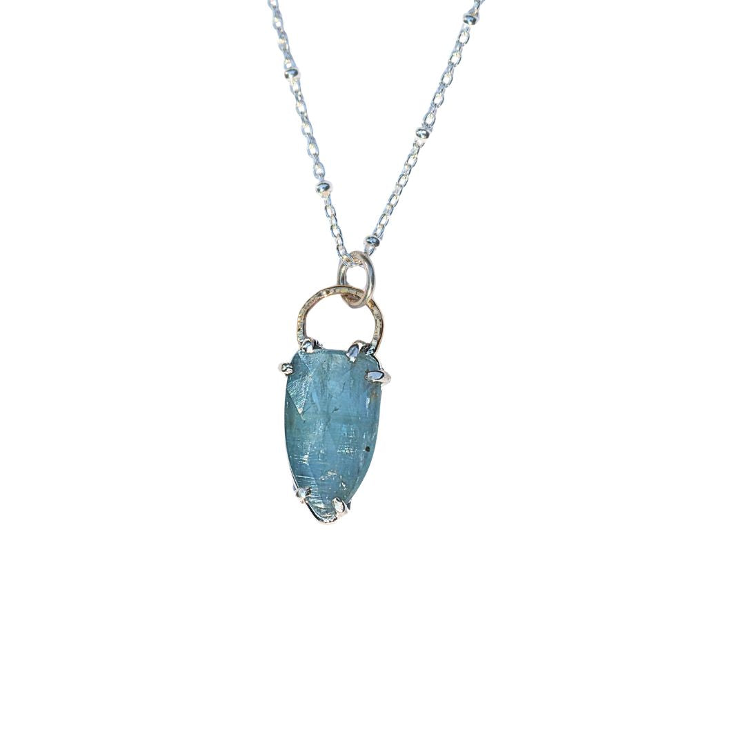 Two-Tone Kyanite Halo Necklace-Handmade Sterling Silver and 14k Yellow Gold