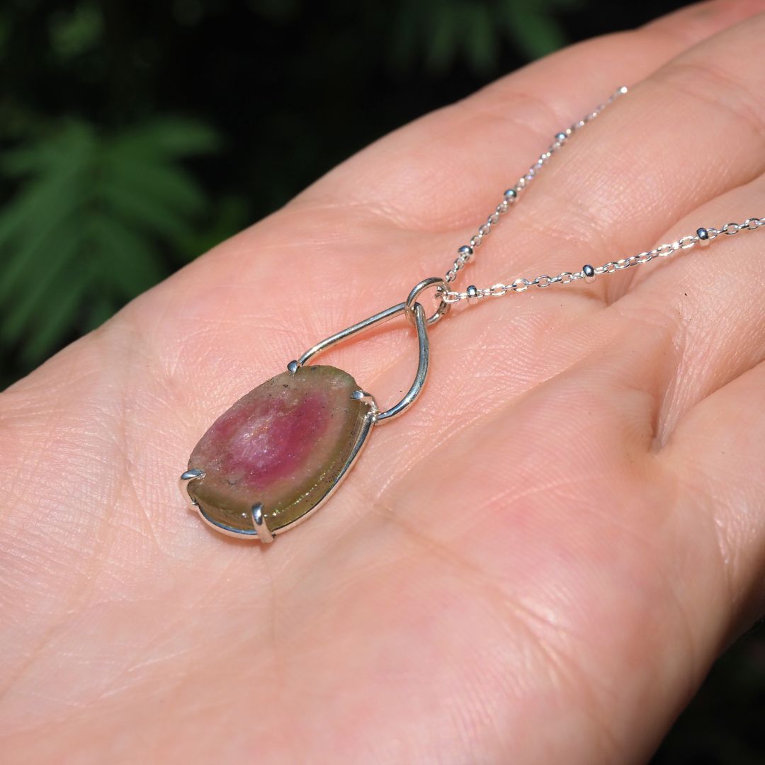 Watermelon Tourmaline Petal Necklace-Handmade Sterling Silver