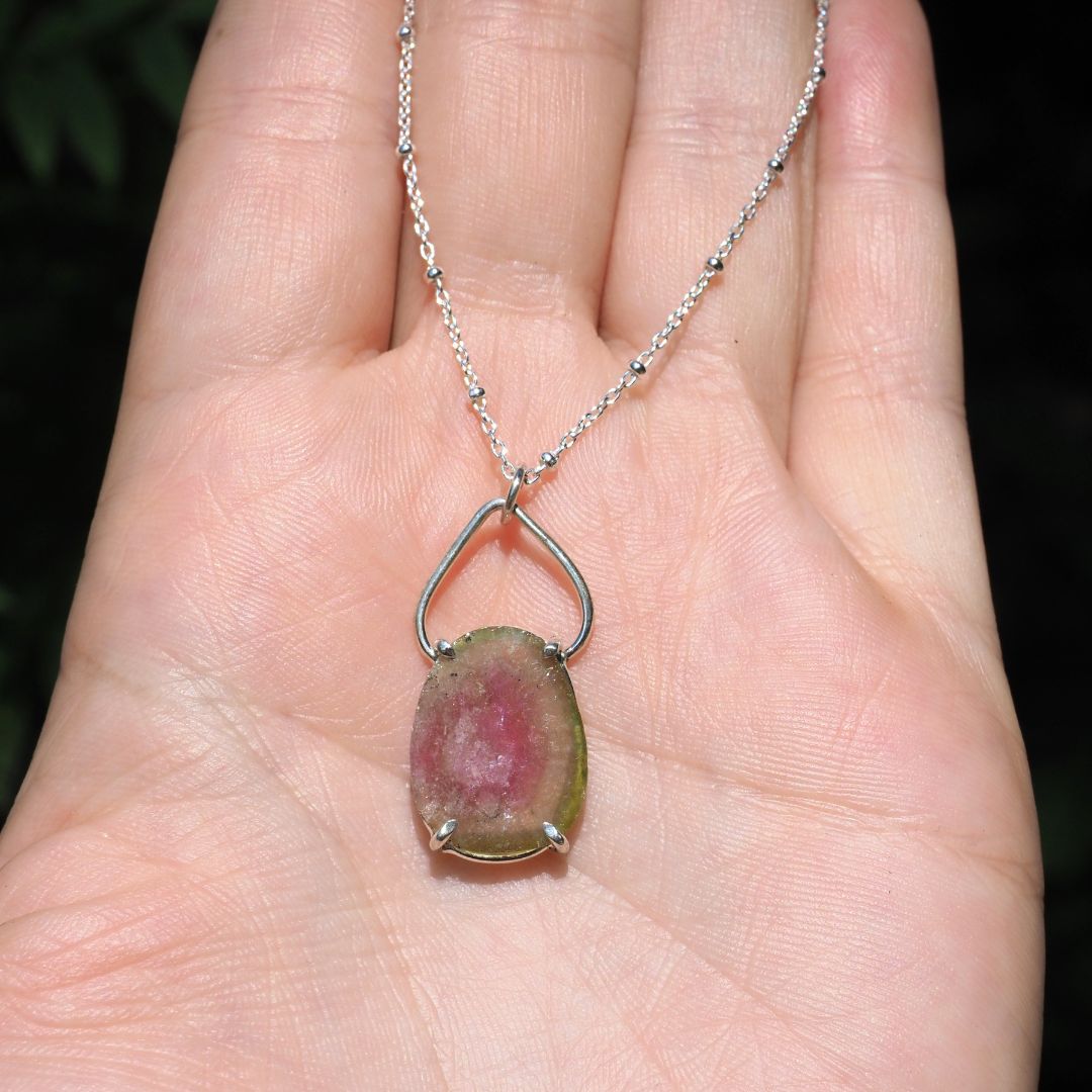 Watermelon Tourmaline Petal Necklace-Handmade Sterling Silver