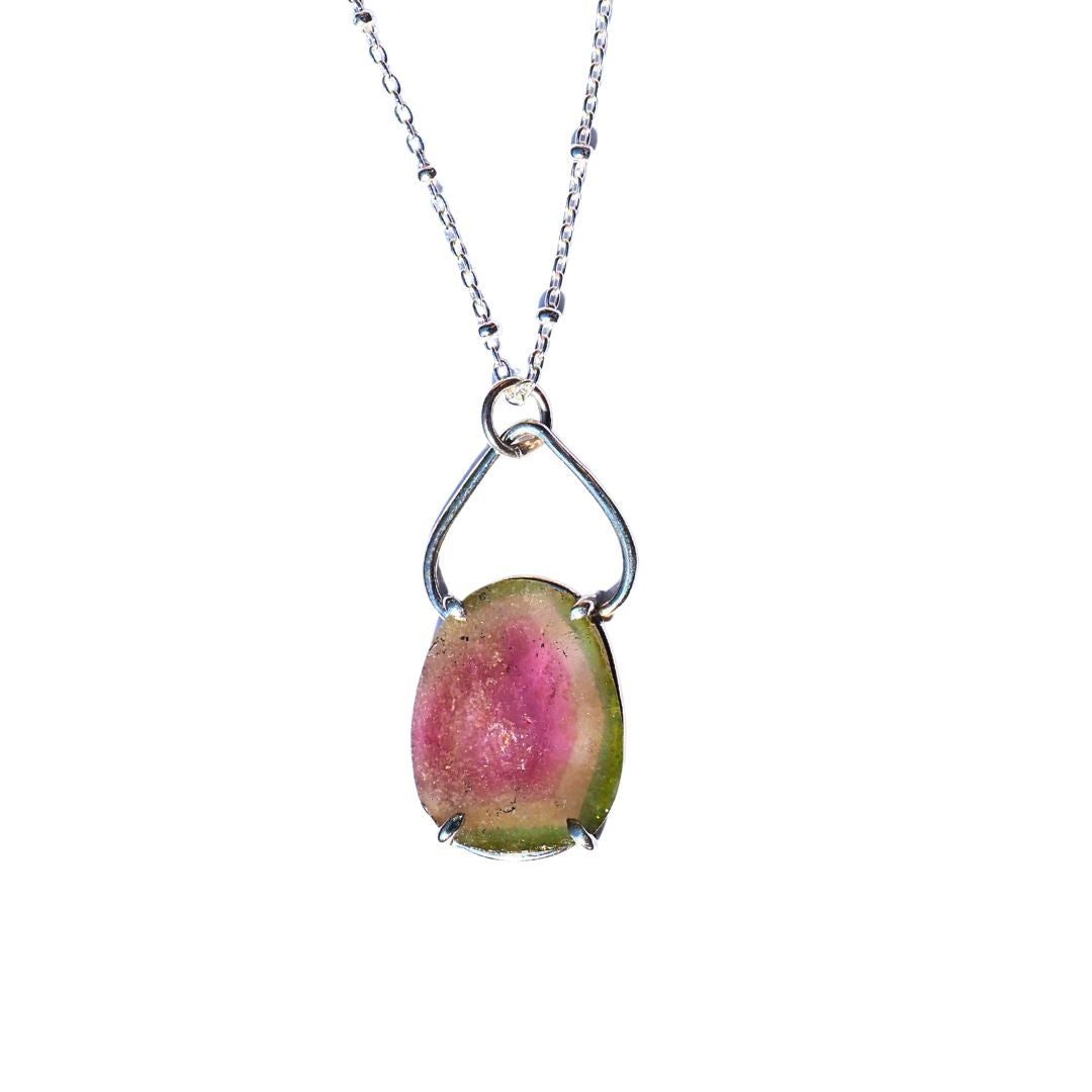 Watermelon Tourmaline Petal Necklace-Handmade Sterling Silver