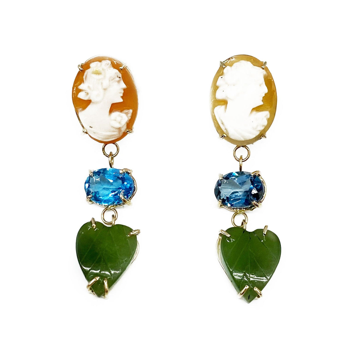 14k Yellow Gold, Cameo, Topaz, & Jade Leaf Earrings - Mettle by Abby