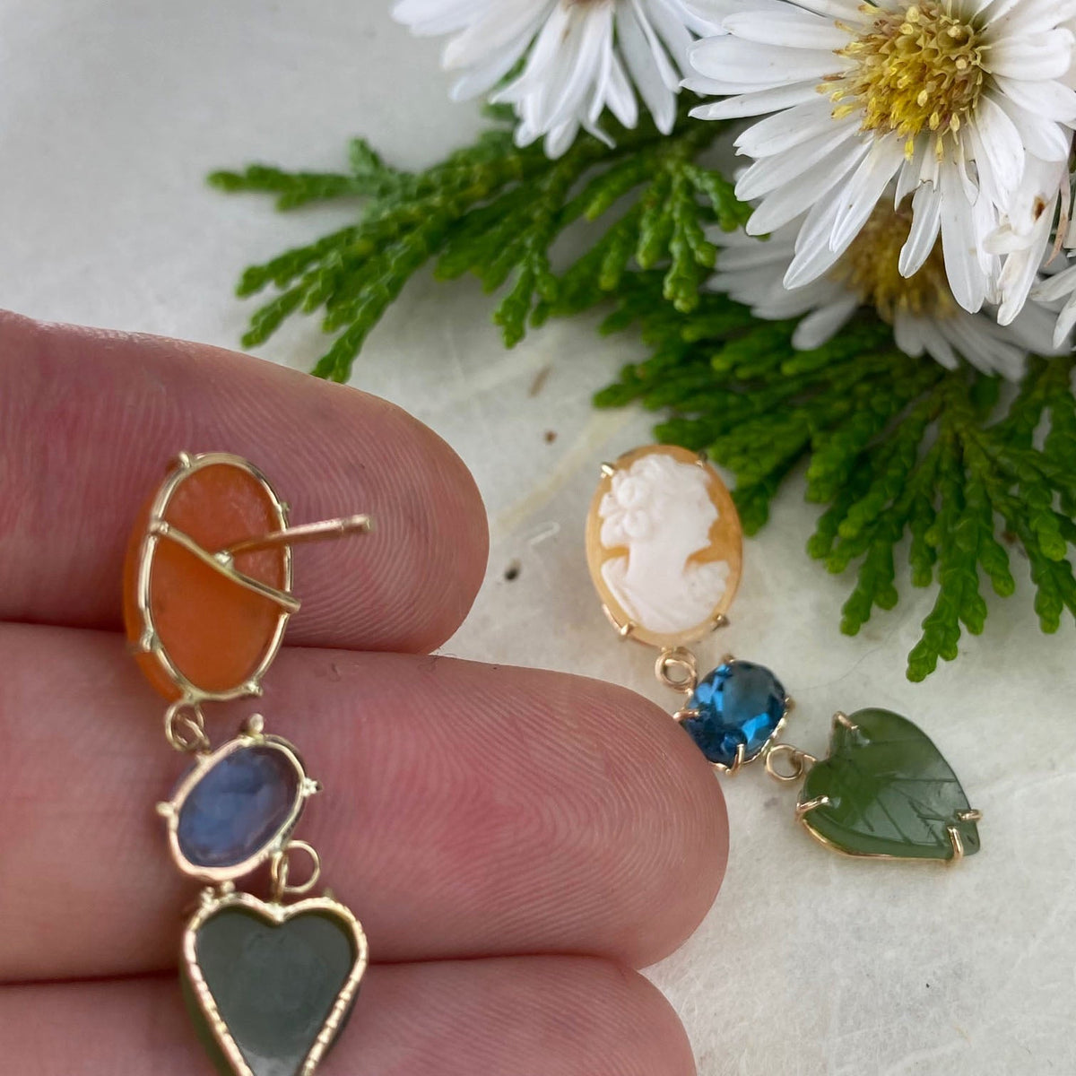 14k Yellow Gold, Cameo, Topaz, & Jade Leaf Earrings - Mettle by Abby